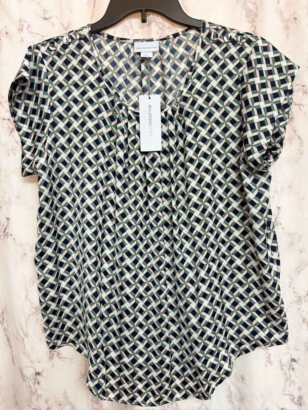 Liz Claiborne Navy and Cream Lattice-Print V-Neck Blouse
